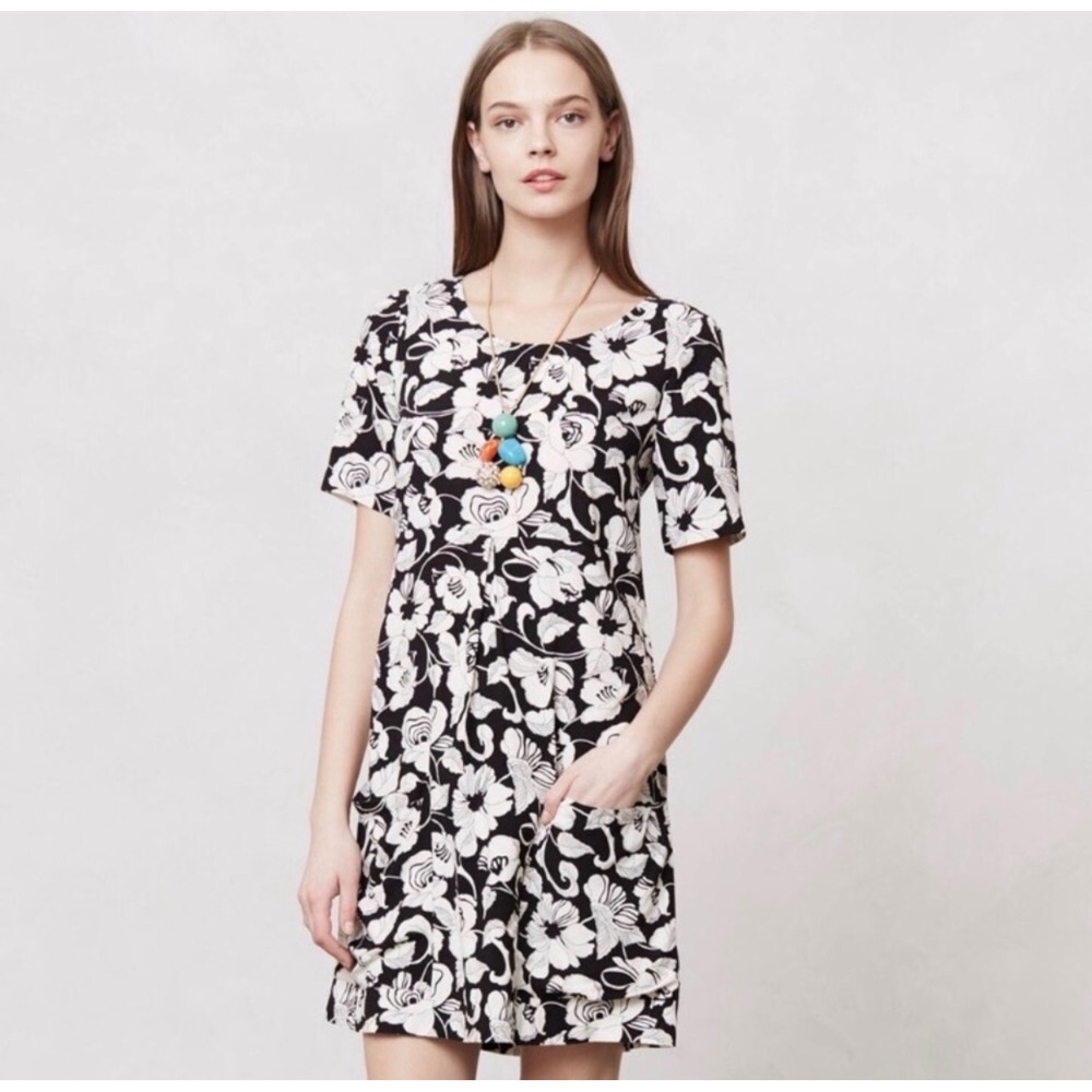 Maeve Anthropologie Zola Black White Floral Dress Short Sleeve Pockets Sz 6
